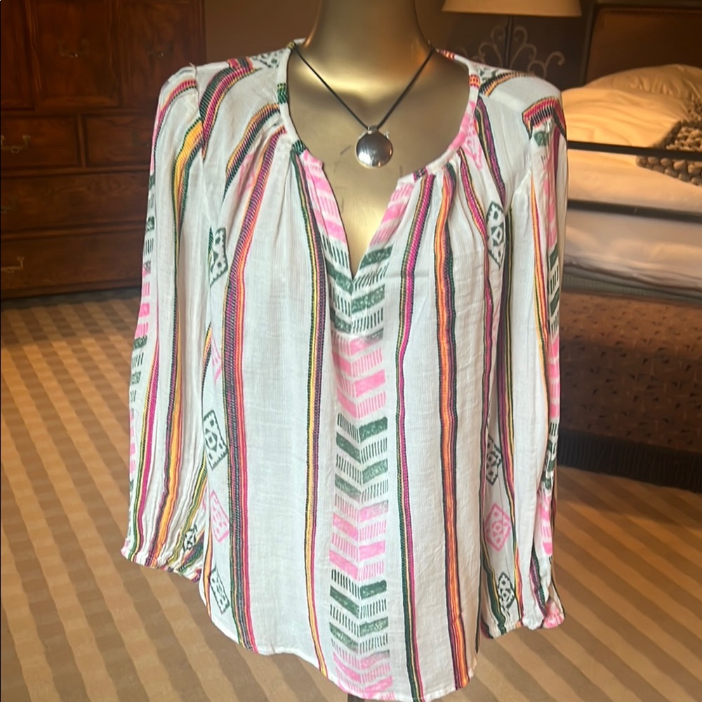 velvet brand Relaxed Green and Blue Tie Front Blouse